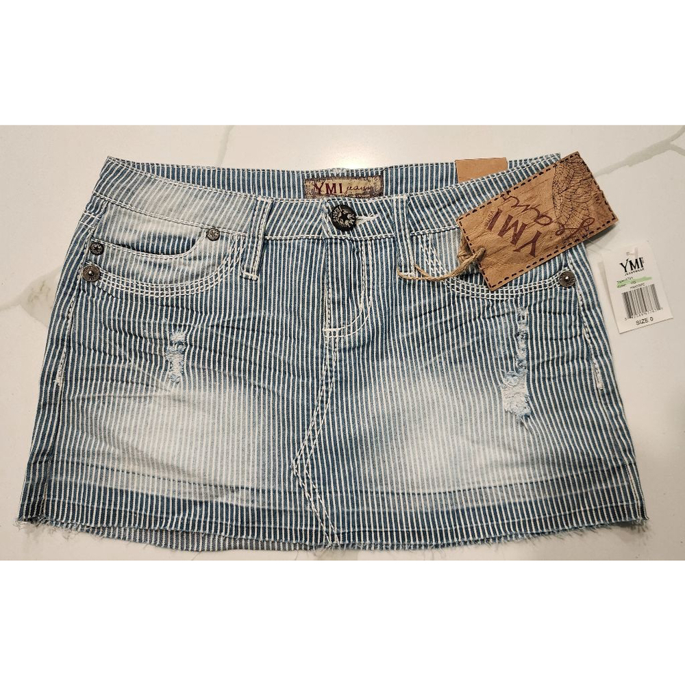 YMI Jeans Blue White Railroad Pinstripe Distressed Denim Mini Skirt Size 0 NWT